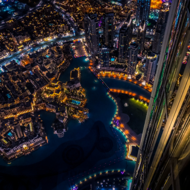 Aerial view of cityscape at nightime burj khalifa