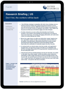 The first page of Oxford Economics' Research Briefing titled don’t fret, the workers will be back