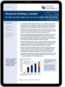 First page of Oxford Economics' Research Briefing titled Excess savings seem big, but are smaller than you think