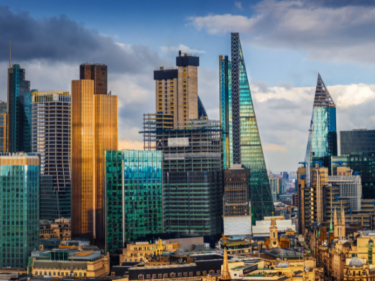 London, UK - Panoramic skyline view of Bank and Canary Wharf, London's leading financial districts with famous skyscrapers