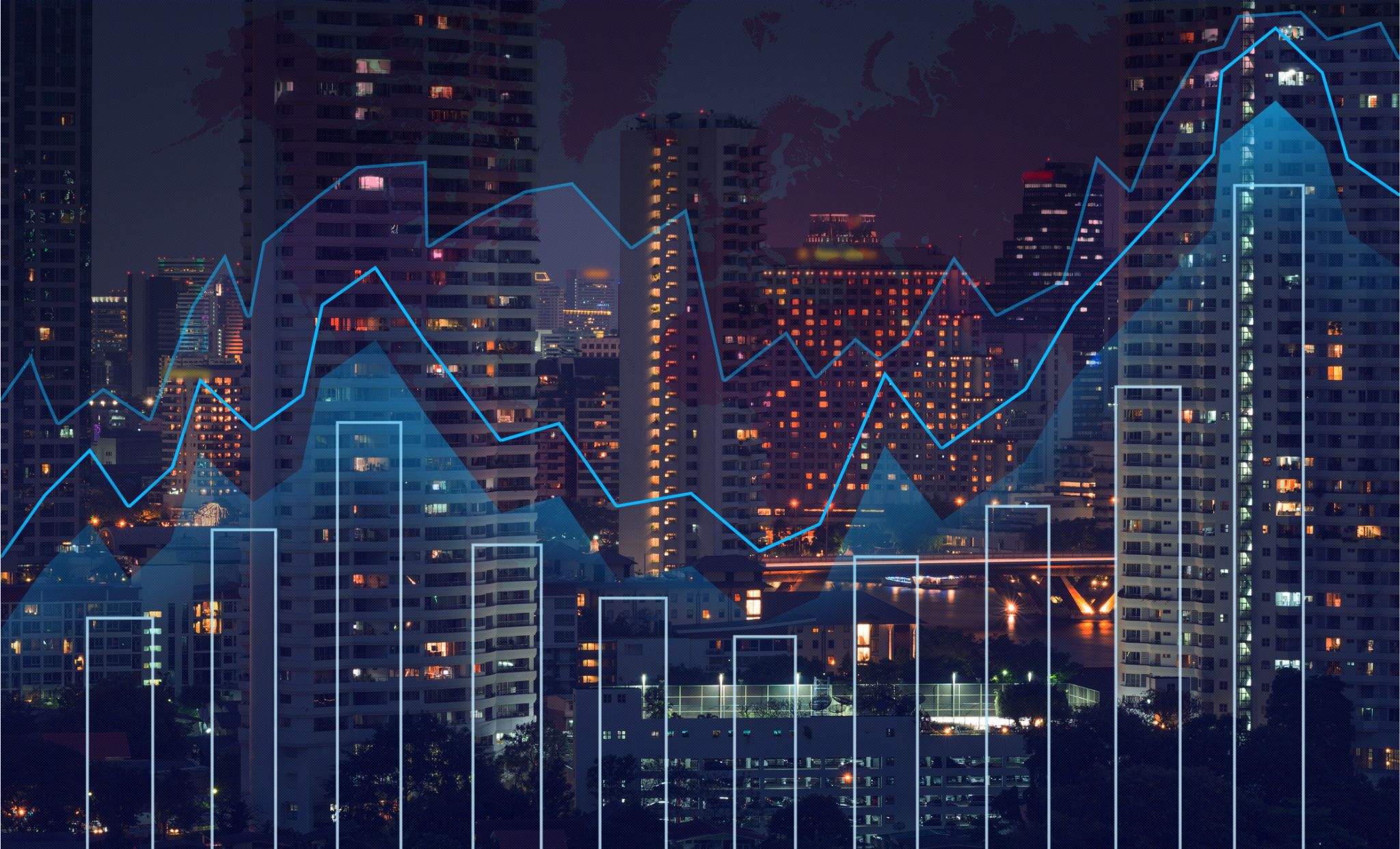 Building with overlaid charts illustrating Oxford Economics' real estate forecasts