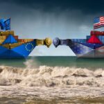 Trade war between the US and the EU, two cargo ships with flags of the US and the EU