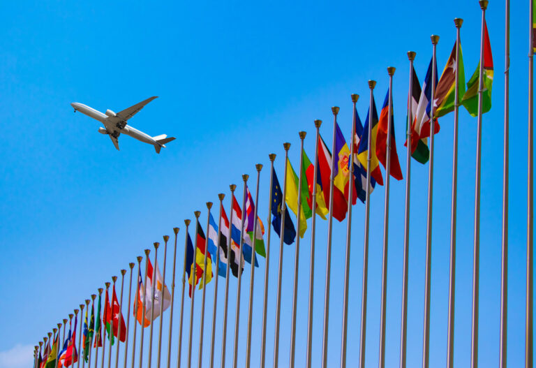 Plane flying over line of country flags | travel ban